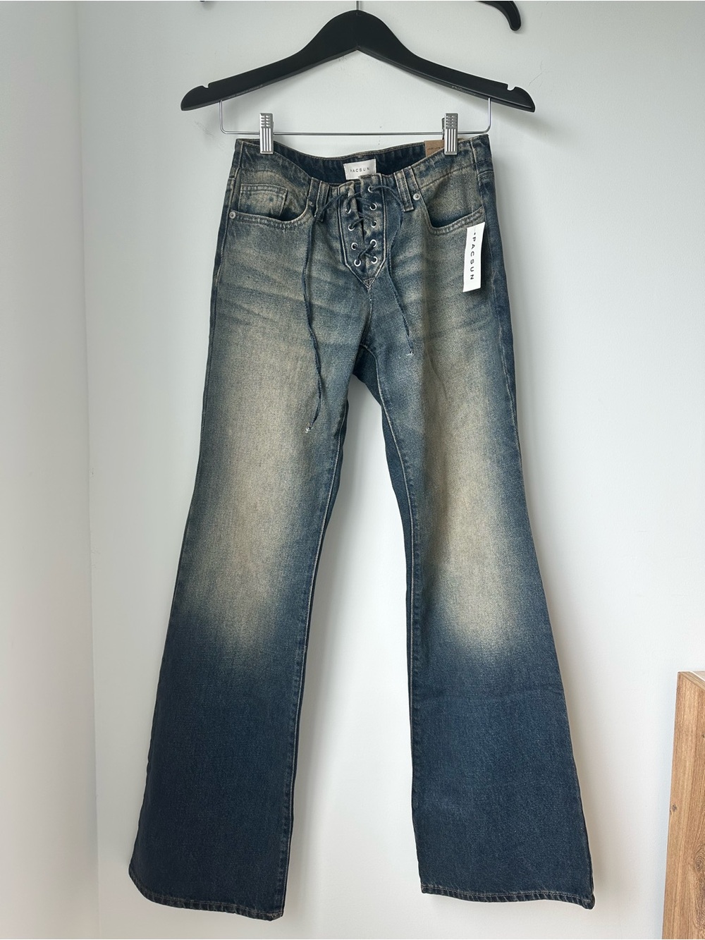 PacSun Y2K Distressed Lace-Up Flare Jeans in Faded Blue
